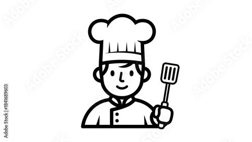 Cartoon chef holding a spatula, ready to cook in a cheerful kitchen setting