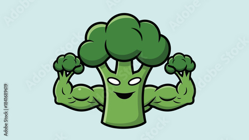 Muscular broccoli character flexing its biceps against a light blue background, symbolizing strength