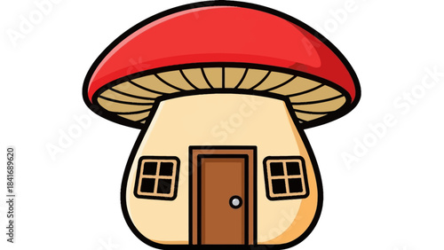 Whimsical mushroom-shaped house with red cap and windows, set against a simple background