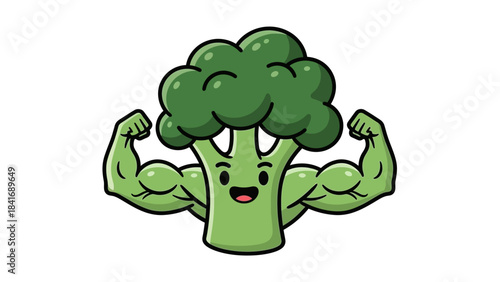 Cartoon broccoli character flexing muscles, showcasing strength and health in a playful style