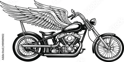 Vintage chopper motorcycle with large wings, freedom, biker club, transport, black and white vector illustration