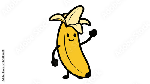 Cheerful cartoon banana character waving with a friendly smile against a plain background
