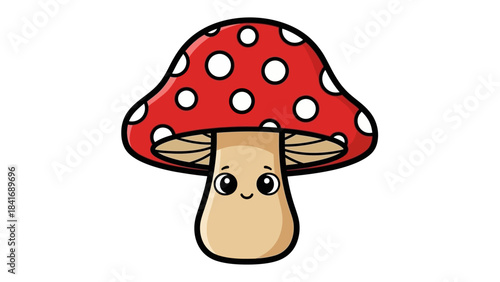Cute cartoon mushroom with a red spotted cap and smiling face on a white background