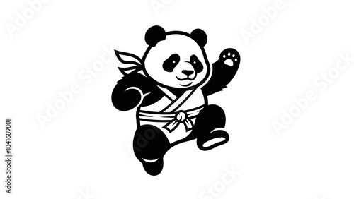 Playful panda in a ninja outfit leaping forward, showcasing agility and strength in a simple background