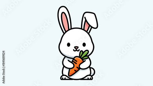 Cute cartoon rabbit holding a bright orange carrot against a soft pastel background