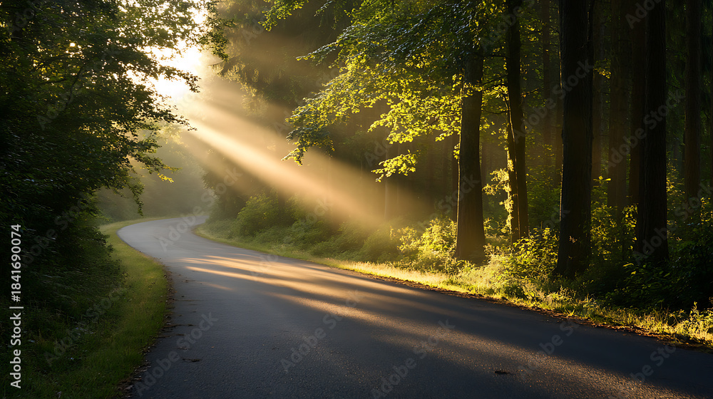 Obraz premium Sun rays break through the forest canopy, illuminating a winding road. Natural beauty and peaceful scene. A calming nature landscape with lush greenery.