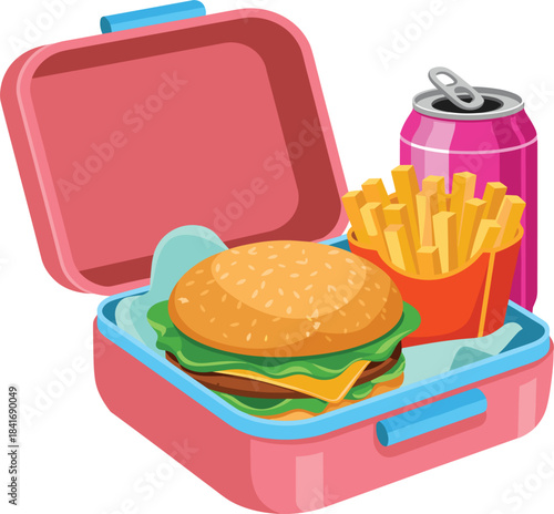 Open pink lunch box filled with burger, french fries, and soda can, cartoon fast food meal vector