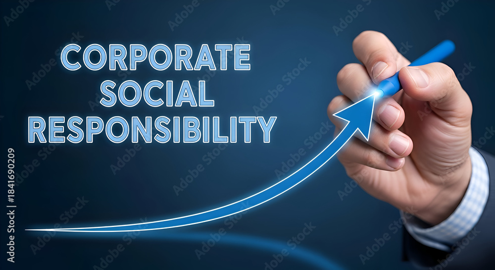 Obraz premium Hand drawing blue arrow upward with pen next to corporate social responsibility text on dark blue background
