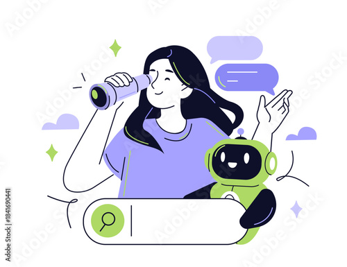 Seo and ai search vector illustration. Woman with robot assistant help explore the internet, analyze queries and improve website visibility. Outline vector isometric.