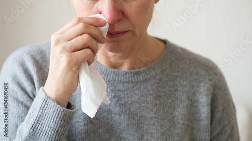 Middle-aged woman with a slightly reddened nose pressing a tissue against the nose, upper body leaning a bit, image framed from just below the eyes downward, neutral uncluttered background. 