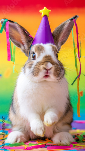 Bunny with purple party hat.