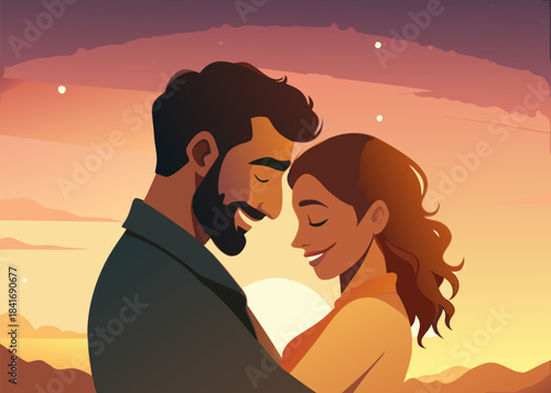 Romantic Couple Embracing at Golden Sunset, Love Connection