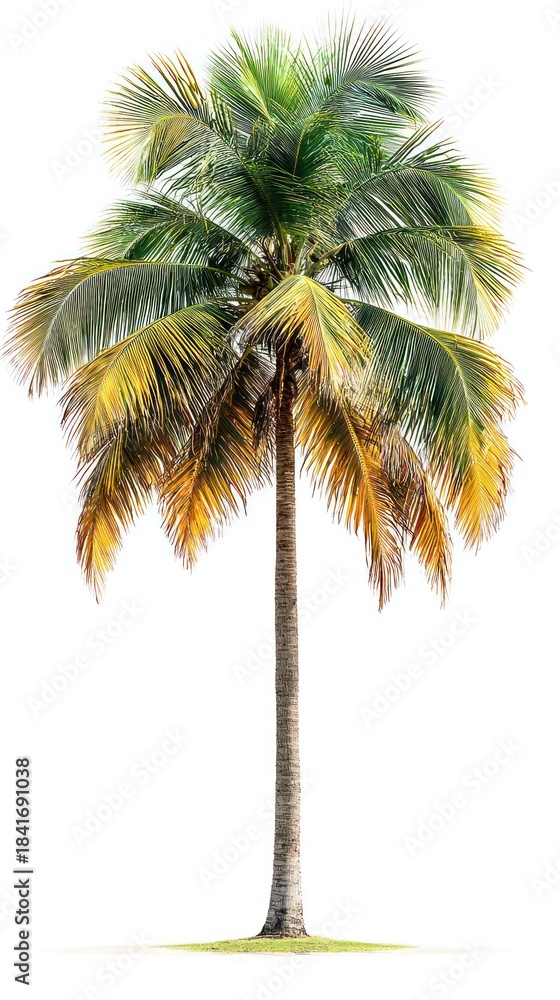 Fototapeta premium Tall palm tree with green and yellow fronds against a white background