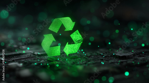 Green Recycling Symbol Glowing on Dark Electronic Components