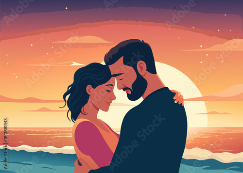 Romantic Couple Embracing on Beach at Sunset Golden Hour