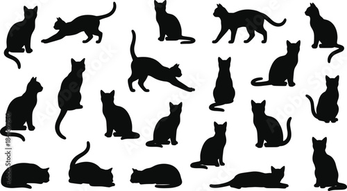 Black Cat Silhouettes Set, Vector Collection of Various Poses, Including Sitting, Stretching, Walking, and Lying Down, Elegant Flat Icon Style for Design Elements