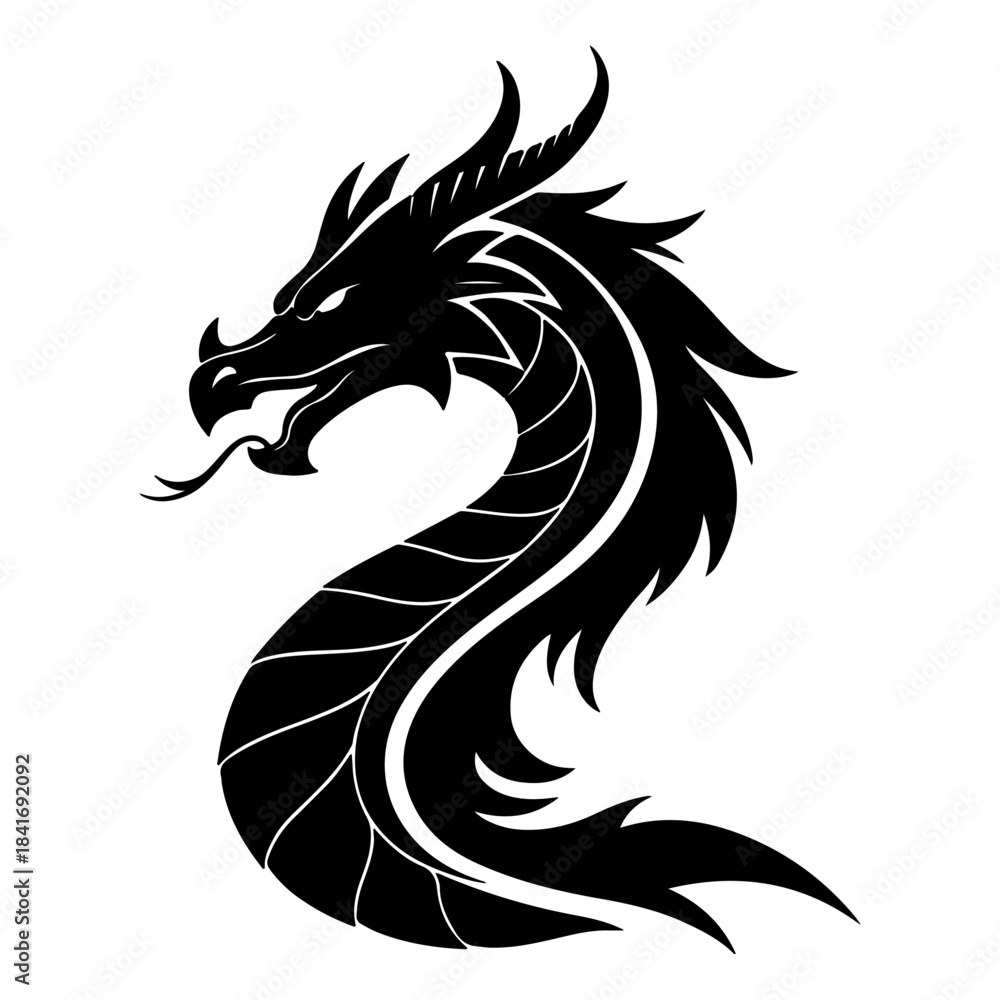 Obraz premium Black Dragon Head Silhouette Logo – Fierce Mythical Creature Illustration