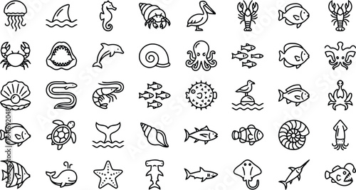 Marine life icon set for ocean-themed branding, educational graphics and aquatic design projects