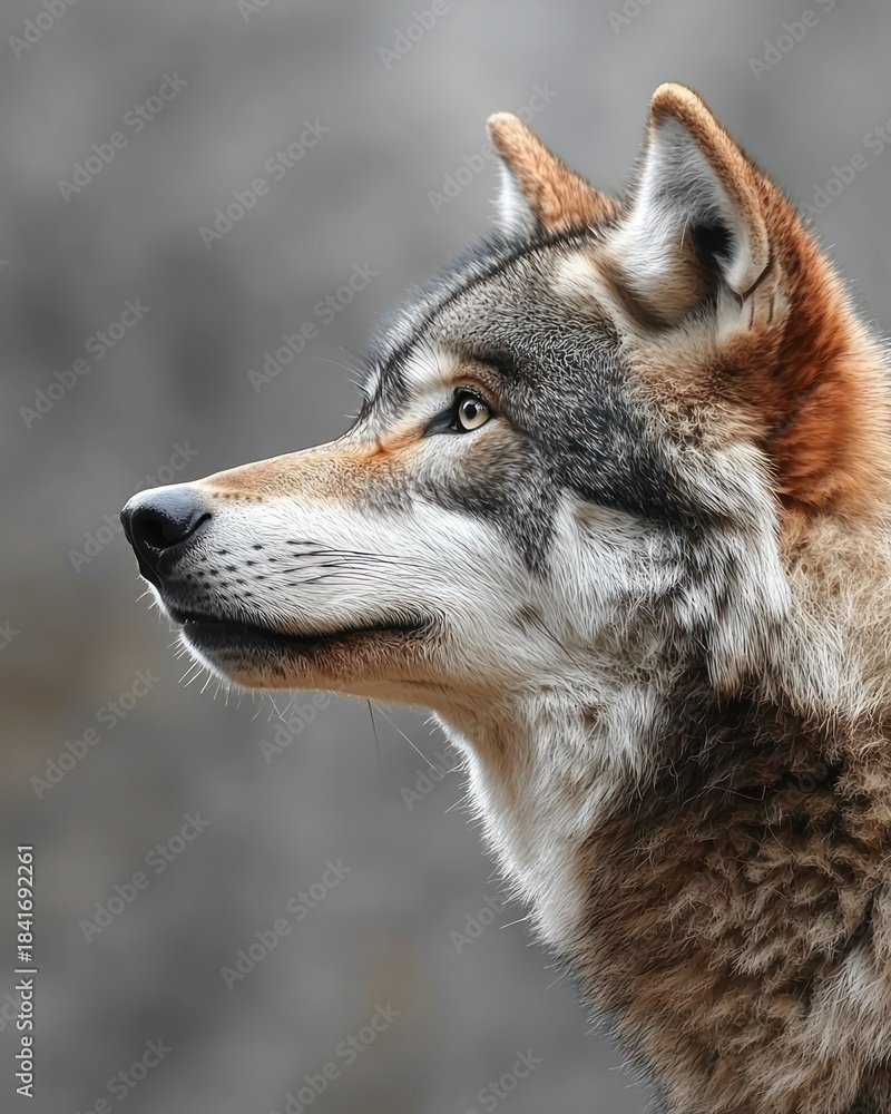 Obraz premium Wolf portrait, side view; detailed fur texture, keen amber eyes, grey background