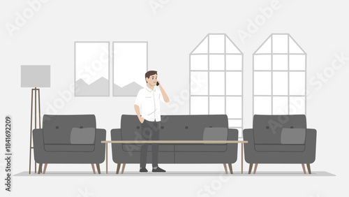 Man on Phone Call in Modern Living Room