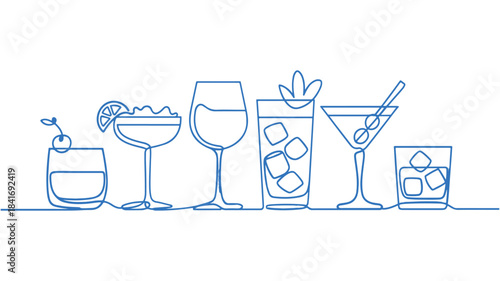 Set of six different cocktail glasses and drinks in continuous line art style, blue outline on