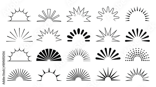 Set of 20 stylized sun icons, sunrise and sunset symbols, various line art and filled designs