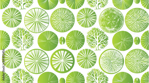 Seamless pattern of various green trees and tree crowns viewed from above, topdown perspective, architectural plan symbols, landscape design elements, vector illustration