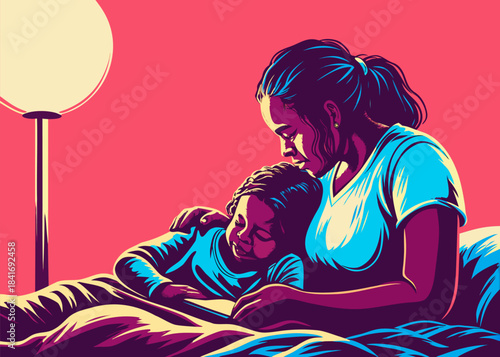 Mother Caring for Child in Warm Nurturing Family Bonding Moment