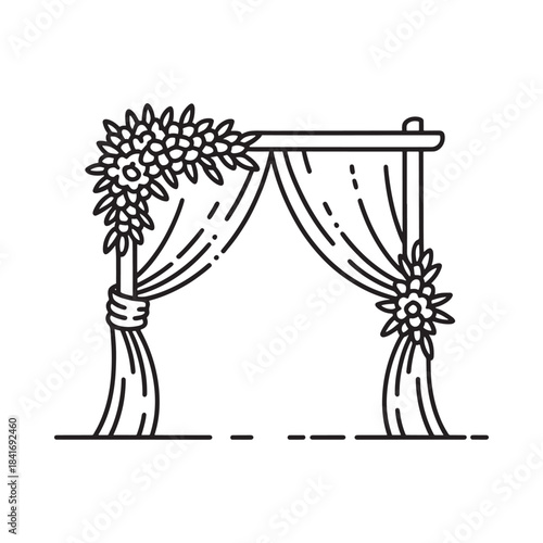 Elegant wedding arch with floral decorations and draped fabric illustration