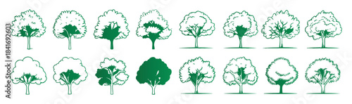 Set of 16 handdrawn green tree icons and silhouettes for landscape design and architecture plans