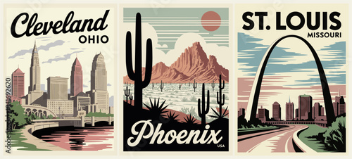 Retro mid-century style triptych featuring Cleveland, Phoenix, and St. Louis with iconic landmarks, bold typography, and pastel color palette