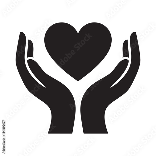 A black and white icon depicting cupped hands cradling a large heart, representing love and care