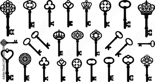Vintage key silhouette collection for decorative design, branding elements and antique-themed projects