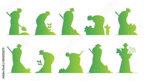 Gardening process steps silhouette set, showing farmer planting and growing plants and crops