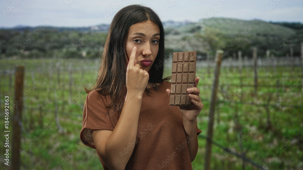 Obraz premium Hispanic young brunette woman points index finger to cheek while holding a large chocolate bar in a forest vineyard; longing craving.