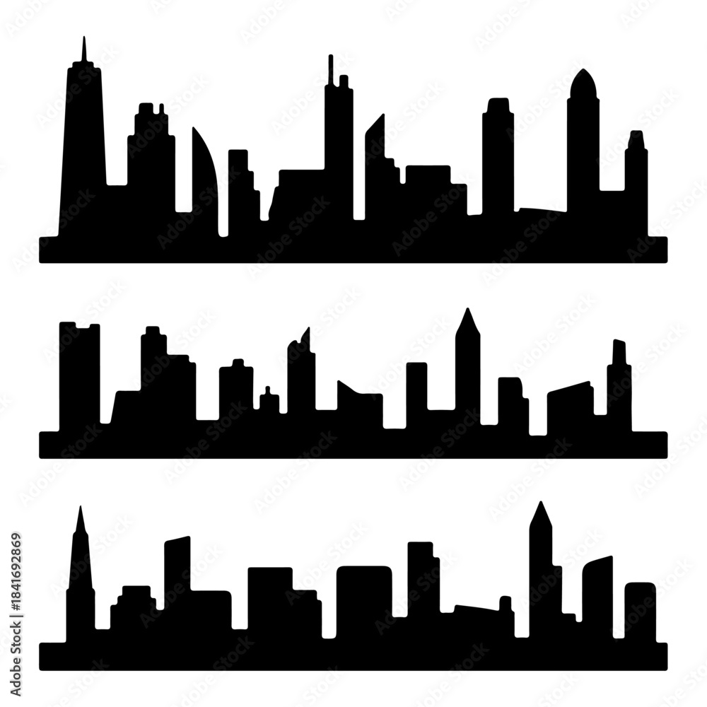 Naklejka premium Black City Skyline Silhouettes: Urban Design Icons