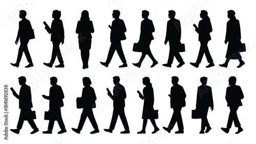 Silhouettes of business people walking with briefcases and mobile phones in profile view
