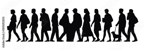 Silhouette of a diverse group of people walking in a line