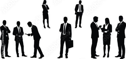 Business people silhouettes vector illustration, diverse group of professionals standing, talking, and working, representing teamwork, corporate communication, and success in a modern 