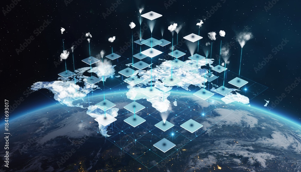 Obraz premium Global Network of Floating Data Squares Simulating Worldwide Cloud Connectivity With Digital Satellites Rising From Earth Orbit