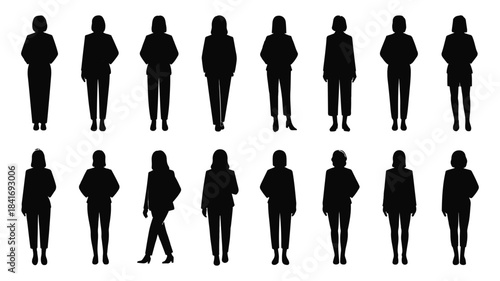 Collection of silhouettes of women in various business attire poses