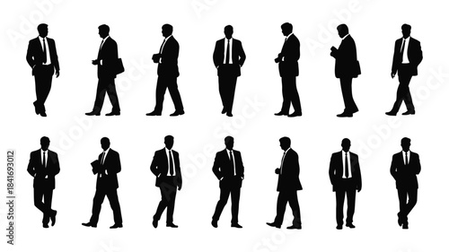 Collection of businessmen silhouettes in various poses and walking gestures