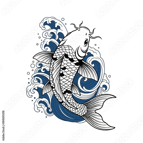 Traditional Japanese Koi Fish and Wavy Water Illustration, Asian Art Style