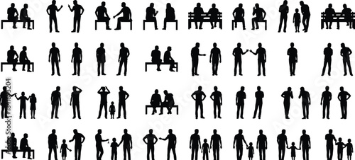 Black Silhouettes of People Group Vector Set, Men, Women, and Children Sitting on Benches or Standing, Talking, Walking, and Interacting, Isolated on White Background, CAD Drawing Flat Illustration