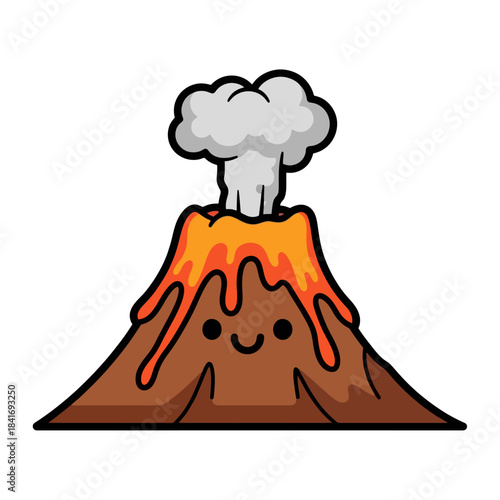Cute Cartoon Volcano Erupting Lava and Smoke, Happy Face Illustration