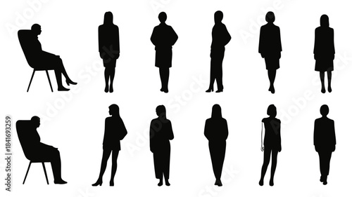 Collection of 12 black silhouette cutouts of people standing and sitting in various poses for architectural visualization