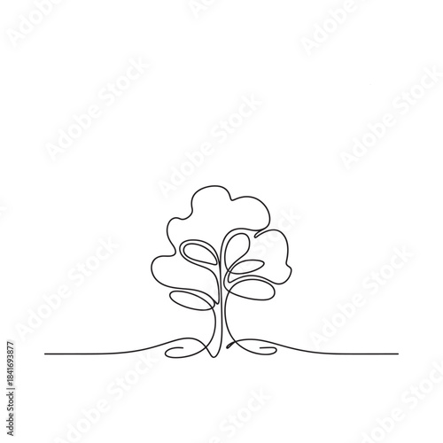 A simple, elegant continuous line art drawing illustrating a minimalist tree standing alone