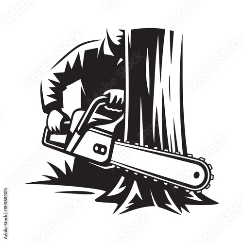 Black and white illustration of a lumberjack using a chainsaw to fell a tree trunk