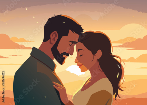Romantic Couple Embracing at Golden Hour Sunset