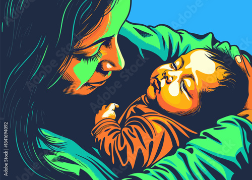 Mother Bonding with Infant Baby in Tender Embrace